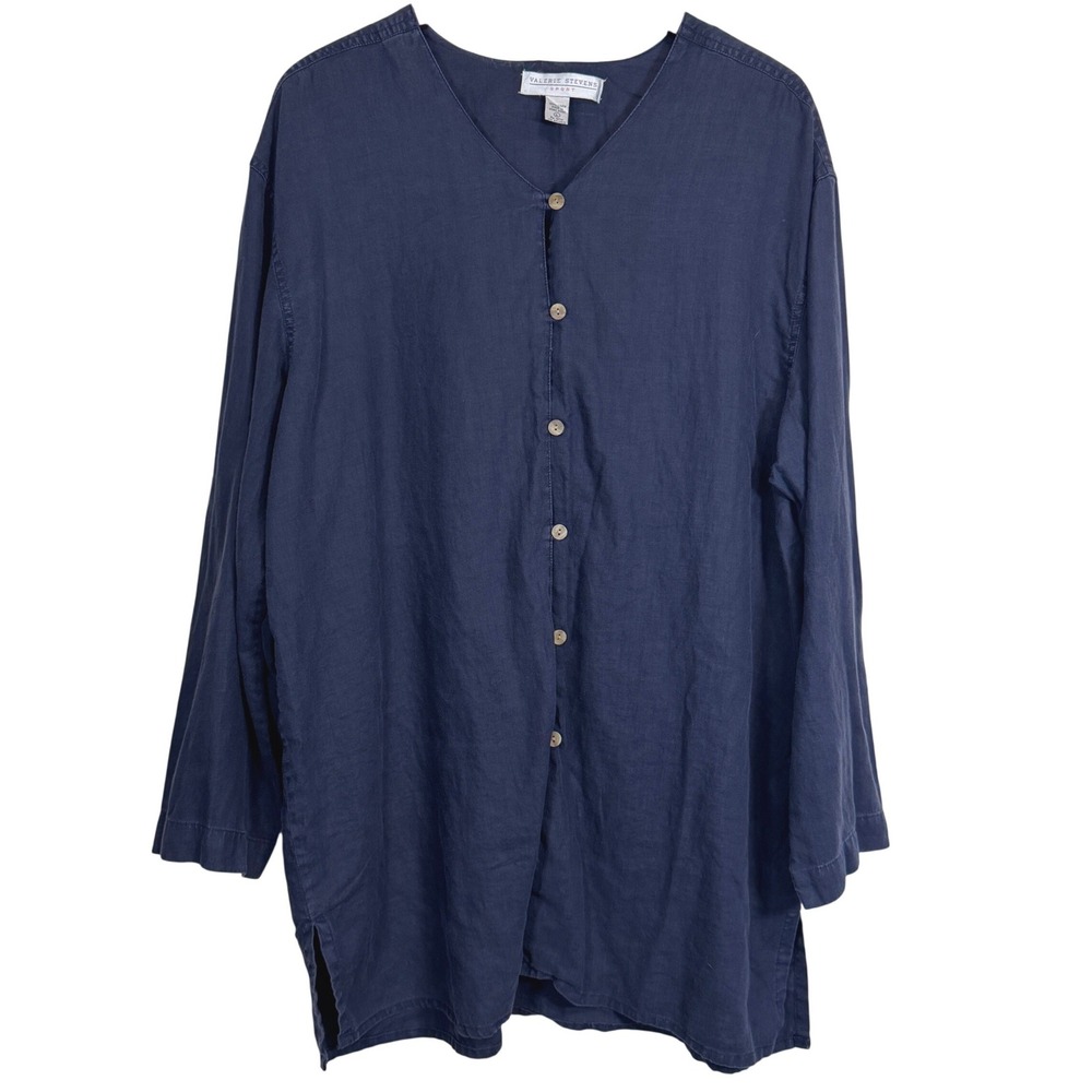 Valerie Stevens Sport Navy Blue 100% Linen Button Front Tunic Top Womens Large